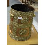 Late 19thC Oriental Copper Water Bucket, with ornate brass overlay featuring dragons, 15”h x 12”w