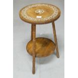 Low-sized Indian Oak Occasional/Lamp Table, with leaf pattern inlay, on 3 bamboo shaped legs,