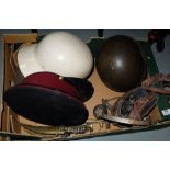 Boxed lot – 4 hard army helmets, Royal Army Medical Hat, 3 Kurkas & binoculars.