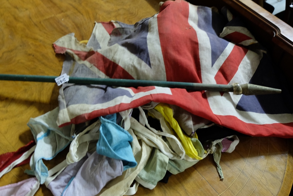 Early 20thC Unionist Flag (sourced near Roscrea) with wooden pole & a bundle of flag buntings.