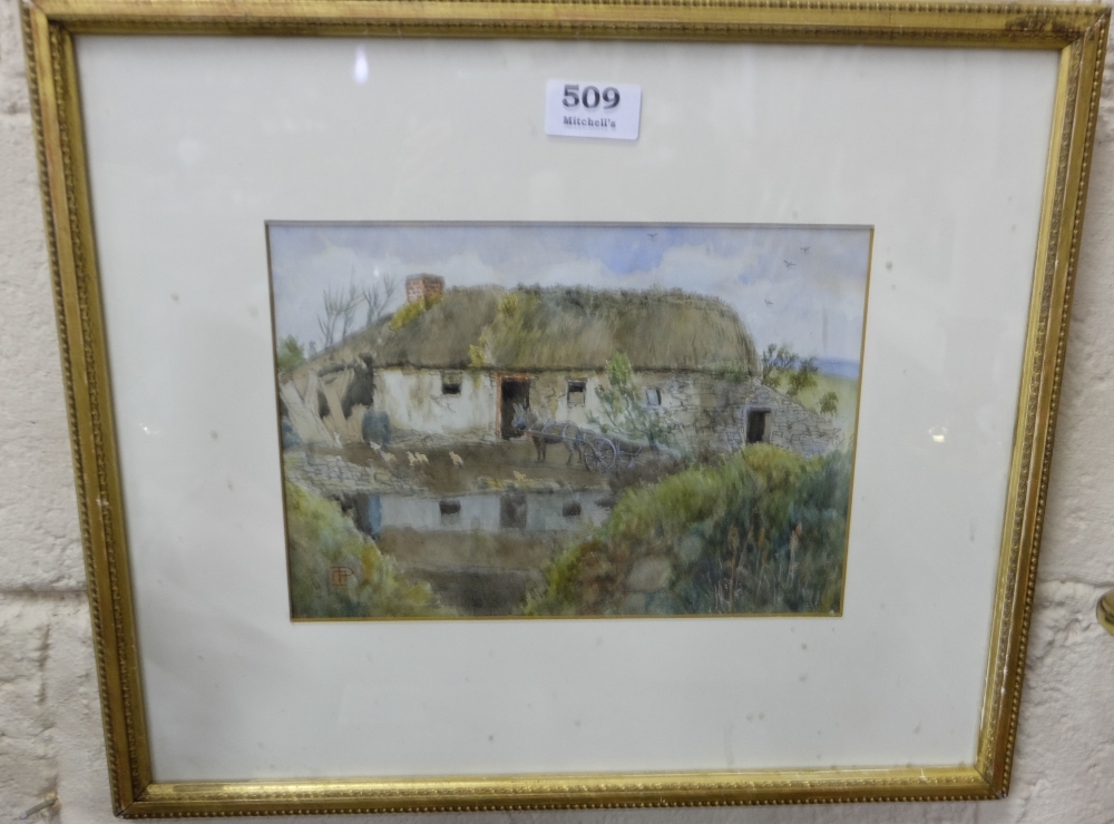 19thC Watercolour “Donkey at the Thatched Cottage”, in molded gilt frame, initialled lower left, TP,