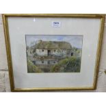 19thC Watercolour “Donkey at the Thatched Cottage”, in molded gilt frame, initialled lower left, TP,