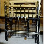 Victorian Iron Bed, painted black, with brass top rails, brass knobs and porcelain inserts, 4ft