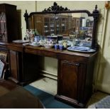 WMIV mahogany Sideboard, the mirror back with carved central pediment, over 2 pedestals, enclosing