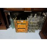 2 Crates of glass Oil Bottles – Esso etc, 1 crate of green glass ginger bottles with balls & shelf