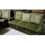 Three Piece Suite incl. 3-seater Couch & pair of armchairs – green with patterned cushions (