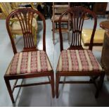 Matching Pair Mahogany Hepplewhite style Dining Chairs, red and gold fabric covered drop in seats,