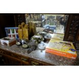 Group lot – new board game, 2 fossils, set 6 glasses, teapot, carved singing group “Hand in Hand”