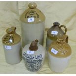 5 Stoneware Whisky/Curd Bottles, various stamps incl. Maryboro, Cruiskeen Lawn etc