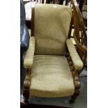 Mahogany Framed Victorian Armchair, beige fabric