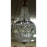 Brass framed ceiling light, Bag Shaped, with cut glass droplets & a single electric branch.