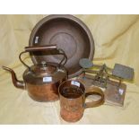 3 Copper Items – Basin ( stamped CMM & Sons 1924), art nouveau tankard, kettle & part scales (4)