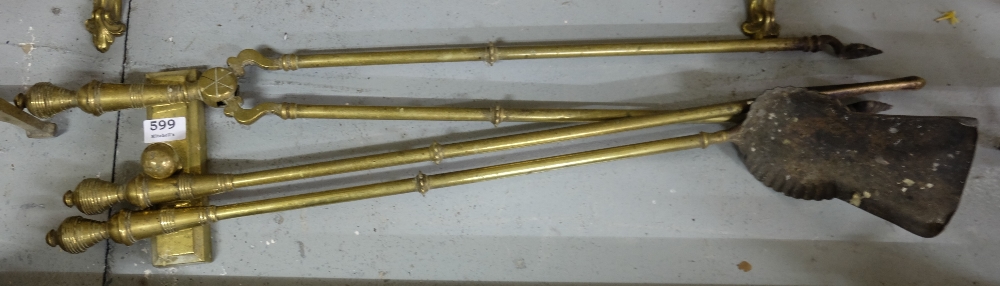 Set of 3 Georgian brass fire irons and a brass centre (4)