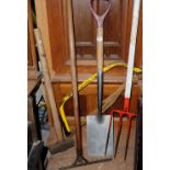 5 garden tools – rake, shovel, saw, lump hammer