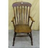 Late 19thC Elm Country Armchair, with curved back rails, on turned legs