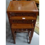 Nest of 3 Mahogany Side Tables, Chinese fretwork, 18”w x 14”d (largest)