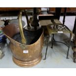 Copper Coal Helmet with brass carrying handle & Georgian Pierced Brass Trivet on metal stand (2)