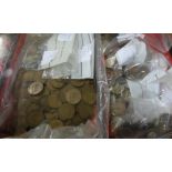 Box of old English & Irish Pennies, bag of English three penny bits, miscellaneous English & Irish