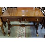 Mid-20thC Mahogany Sofa Table, with drop ends, the cross banded top over one drawer and one faux