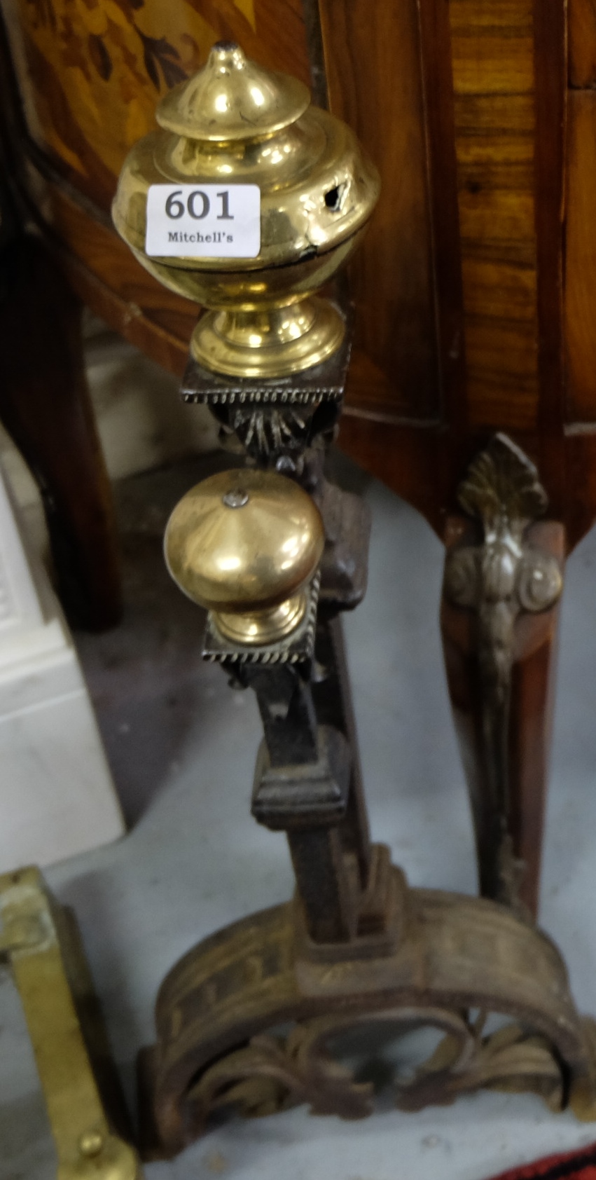 Matching Pair of heavy large Cast Iron Fire Dogs, with brass finials (some damage) and dome shaped