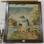 Needlepoint Wall hanging in Oak Frame – “Two children fishing at a riverside”