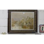 Late 19thC Silk Needlework – “Riverside with Castle”, in a walnut frame, 33”w x 29”l