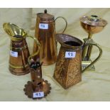5 Copper Items incl. 3 jugs with handles, a copper oil lamp on 4 brass pillared base & an early