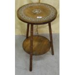 Low-sized Indian Oak Occasional/Lamp Table, with leaf pattern inlay, on 3 bamboo shaped legs,