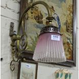 19thC Brass Extending Wall Light, with pink cameo glass fluted shade