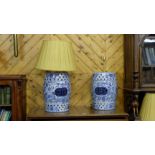 Matching Pair of Blue and White Foliage Decorated Oriental Barrel-Shaped Table Lamps, electrified,