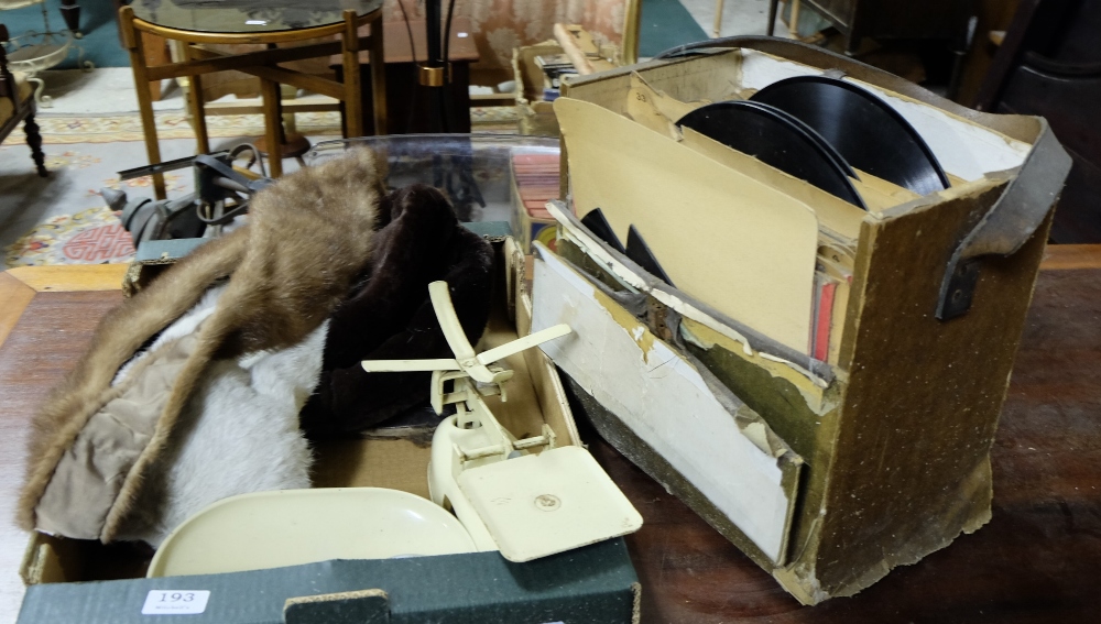 Box of old records (mainly HMV), metal scales, 7 fur articles incl. stole, hat etc & a circular