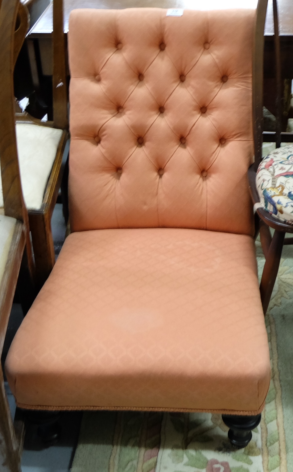 Victorian Mahogany Framed Open Easy Chair, on turned front legs, with mauve fabric, button back