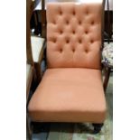 Victorian Mahogany Framed Open Easy Chair, on turned front legs, with mauve fabric, button back