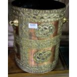 Late 19thC Oriental Copper Water Bucket, with ornate brass overlay featuring dragons, 15”h x 12”w