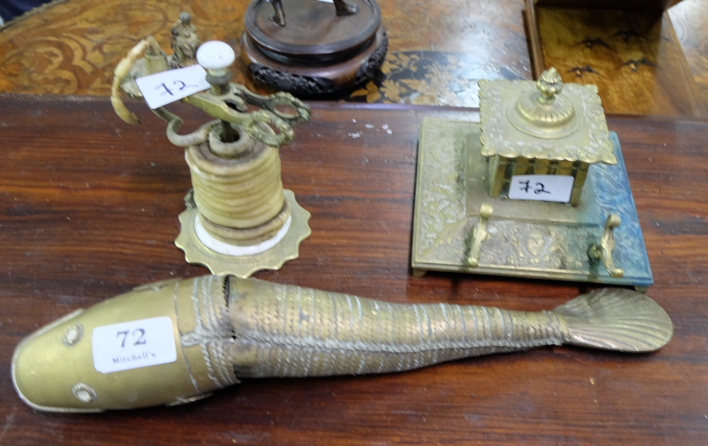 3 brass items - Inkwell, 19thC Candle Wick & figure of fish