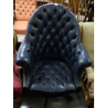 Swivel Office Chair, blue leather upholstery, button back.
