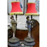 Matching Pair 19thC Spelter Table Lamps, in the form of 2 Tudor Figures, supporting flat poles,