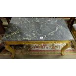 Carved Gilt Wood Coffee Table, with raised floral moldings and green marble top, 35”w x 20”d.