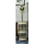 Victorian Brass Standard Oil Lamp, with brass bowl and clear etched shade, within 3 beige marble