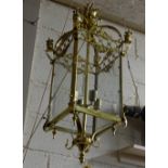 Large Brass Framed Hall Lantern, the pierced top mounted with finials, 4 interior branches,