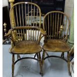 Matching Set of 6 Country Oak Spindle Back Kitchen Chairs, including a Pair of Carvers
