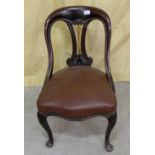 Victorian Mahogany Library Chair, with bowed top rail, sabre feet, leather seat, Queen Ann feet