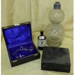 Two boxes of glass bottles etc, two medical vessels, double gourd bottle and a Cognac Bottle