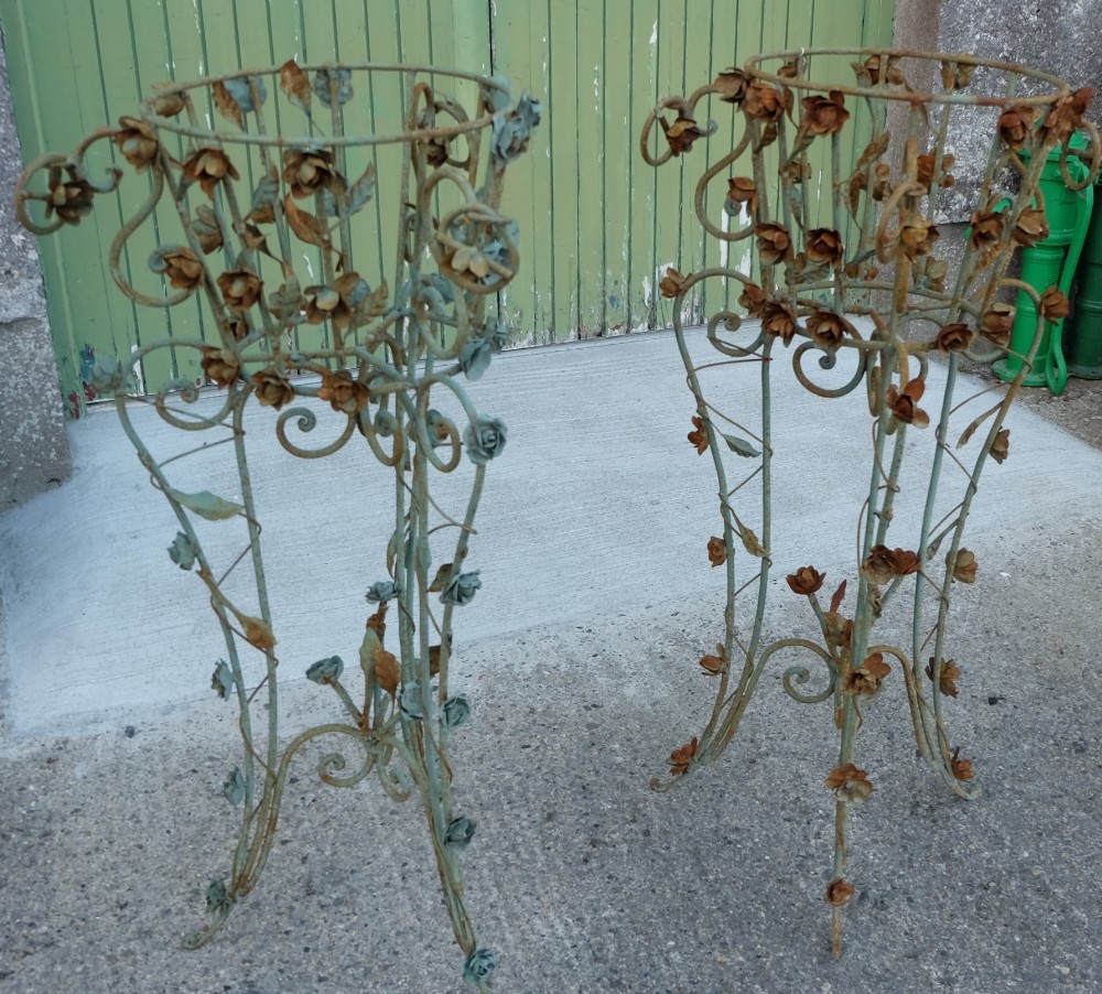 Matching Pair Pierced Metal Planters, on stands, 41”h