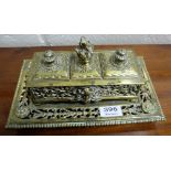 Victorian Cast Brass Double Inkwell Stand, heavily decorated with pierced foliage, 11”w