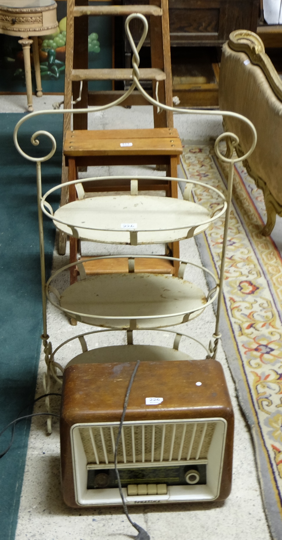 Old valve radio, 3 tier stand, two brass bed warming pans & firescreen, box of metal tools & box