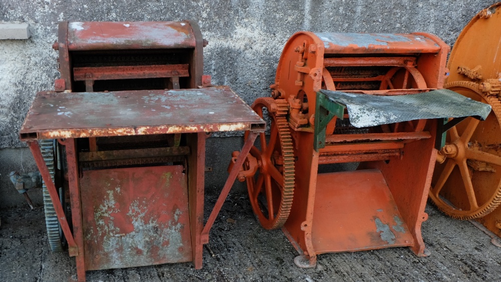 2 Iron Grain Dryers, painted red and orange – 1 stamped “Philip Pierce, Wexford”, each 40”h