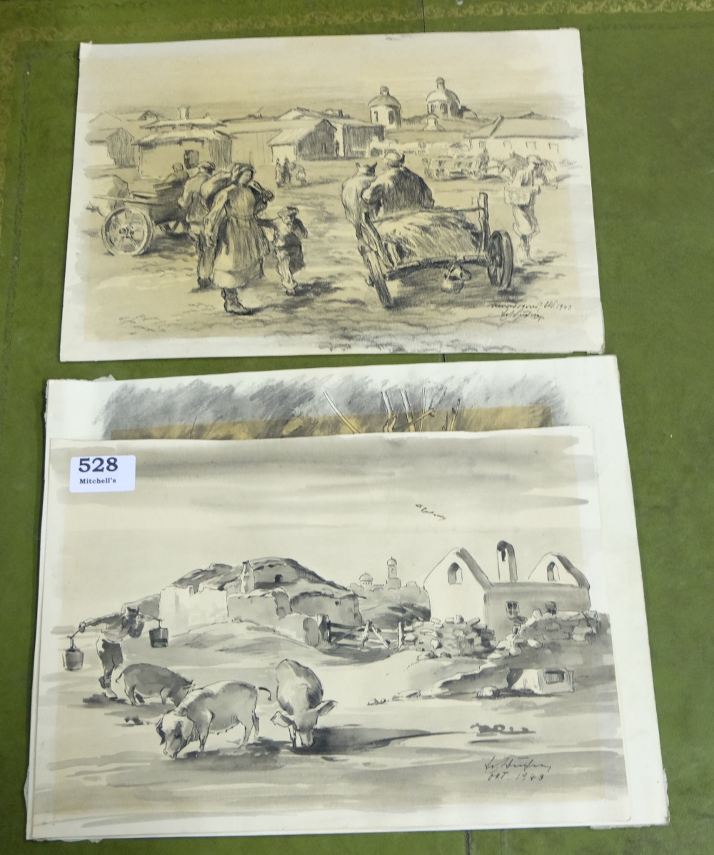 4 un-framed pen and charcoal drawings from 1943 – all signed and dated – rural village and country - Image 2 of 2