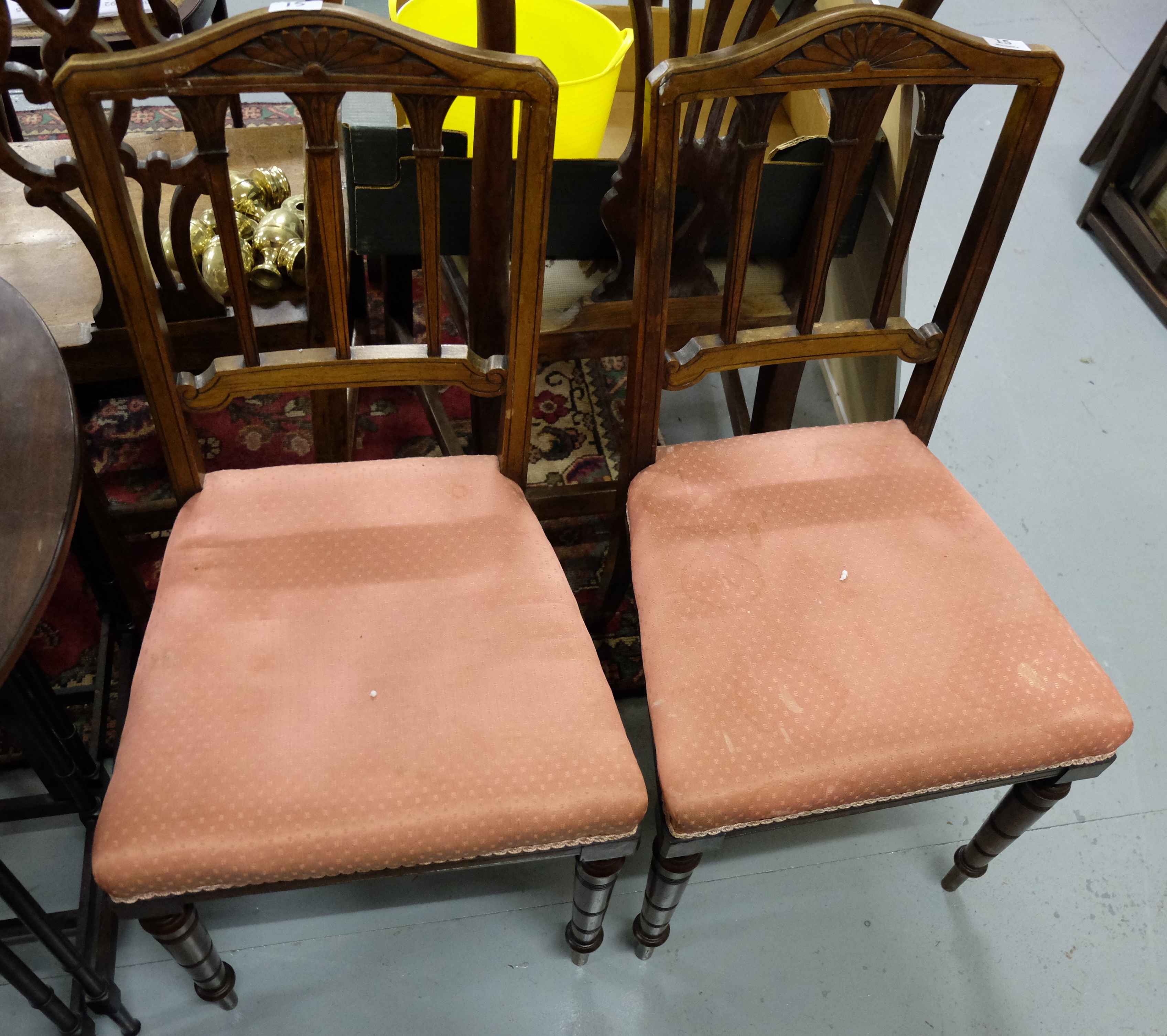 Matching Pair of walnut Side Chairs, mauve patterned fabric, turned front legs. - Image 3 of 3
