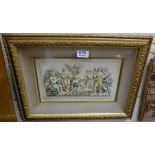 Raised plaster plaque – group of Romans gathered, listening to lyre music, in boxed gilt frame, 18”w